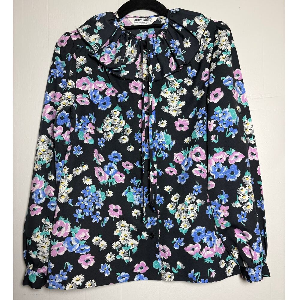 Judy Bond 60s Vintage Women's Sz 8 Ruffle Collar Floral Long Cuff Sleeve Blouse